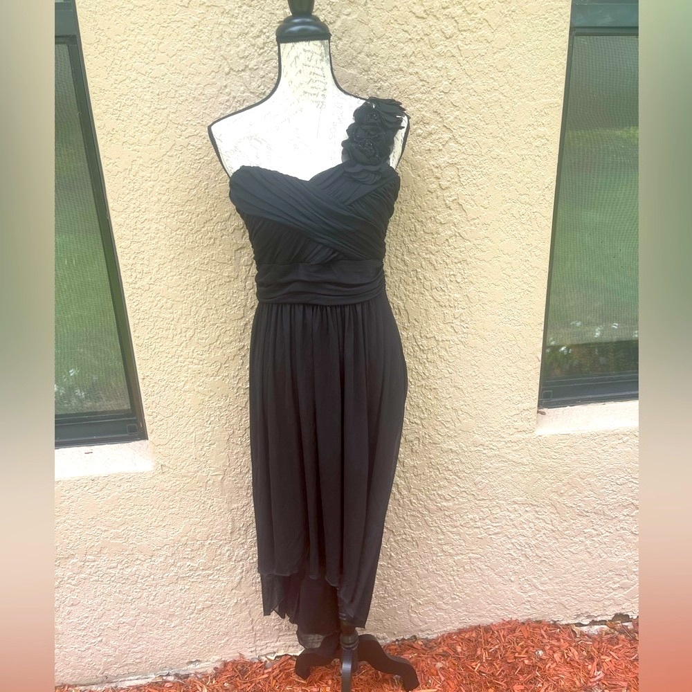 DB Studio David’s Bridal Black Cocktail Dress One Shoulder Floral Black Sz L